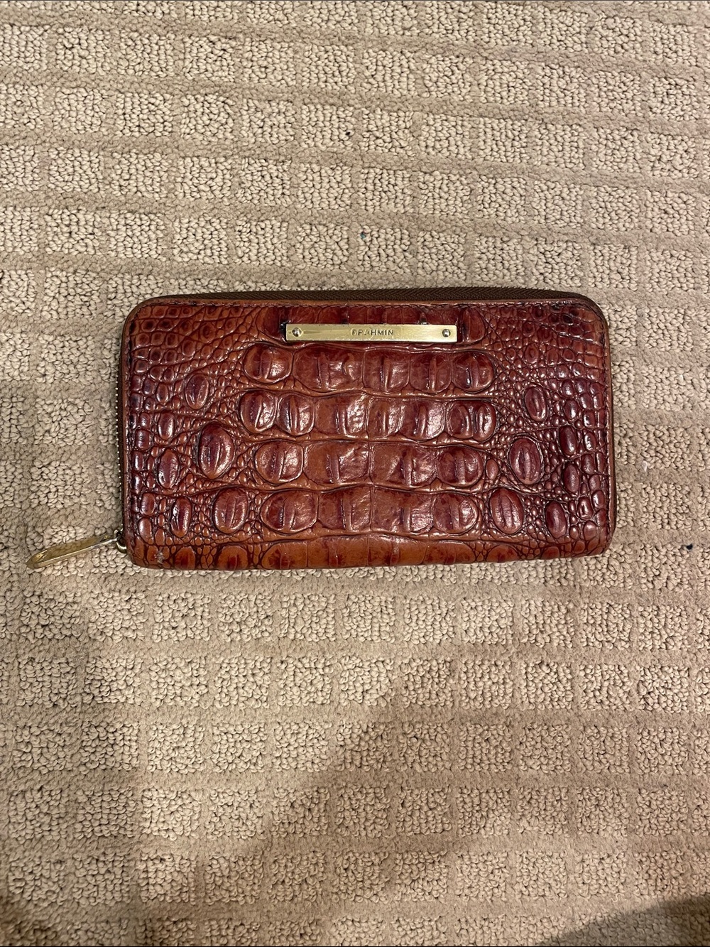 BrahminCroc-Embossed Zip Wallet in Chestnut Brown with Gold Plate